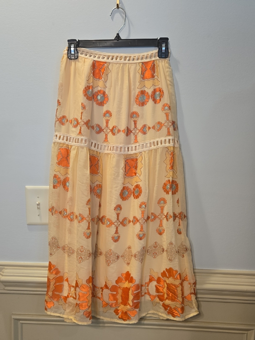 For Love & Lemons XS Boho Embroidered Cream & Orange Maxi Skirt